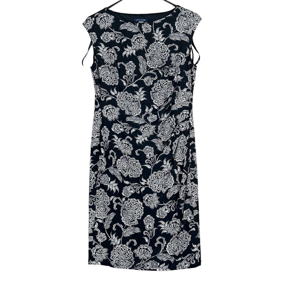 Tommy Hilfiger Womens Dress Black White Floral Lined Runched Side Stretch 8